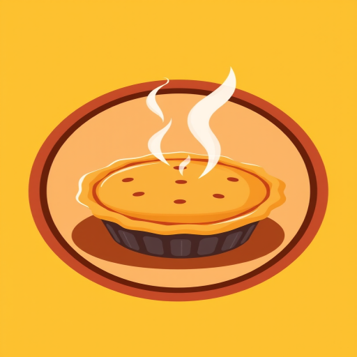 design a vibrant flat-style illustration of a steaming pie in a circular badge format, with a warm yellow background and brown accents, shot with a DSLR camera at f/4 aperture, ISO 100, 35mm lens, top-down view for clarity and detail