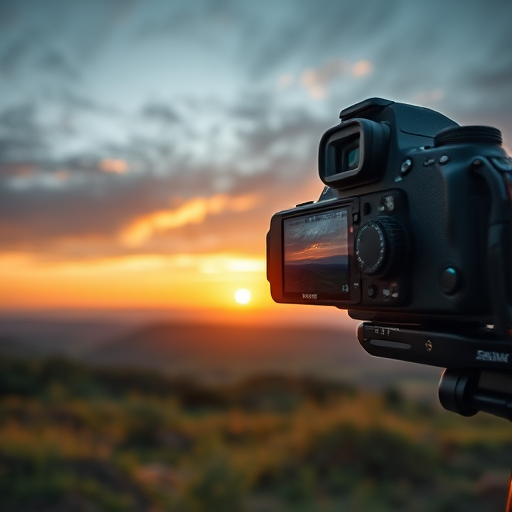 Capture a high-resolution image of a serene landscape at sunset, using a DSLR camera, with a focal length of 35mm, aperture set at f/11, shutter speed 1/125 seconds, ISO 100, in landscape orientation.