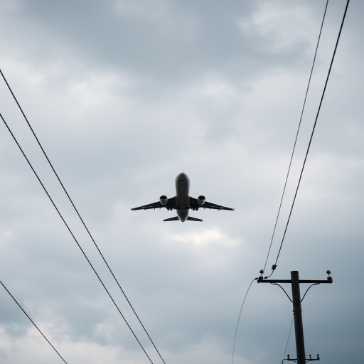 high-resolution image of an airplane flying amidst power lines against a cloudy sky, captured with a DSLR camera, 50mm lens, aperture f/8, ISO 200, natural lighting, wide-angle view, focus on the airplane, shallow depth of field