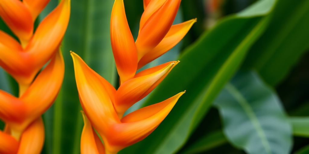 macro shot of exotic orange and yellow heliconia flowers with lush green leaves in the background, aperture f/2.8, ISO 100, shutter speed 1/250 sec, 50mm lens, natural light, DSLR camera.