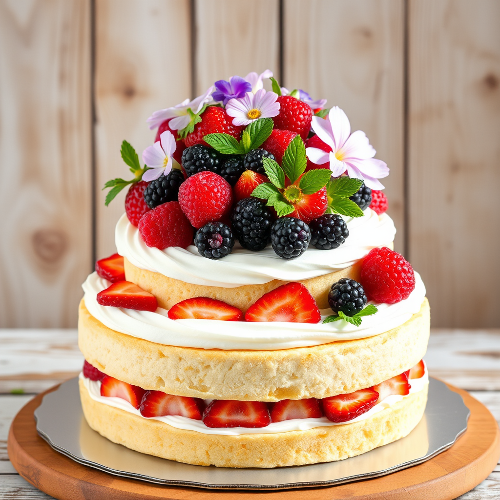 Create an image of a layered cake with three tiers featuring a light sponge texture adorned with whipped cream and an assortment of fresh strawberries, raspberries, blackberries, and edible flowers on top, set against a rustic wooden background.