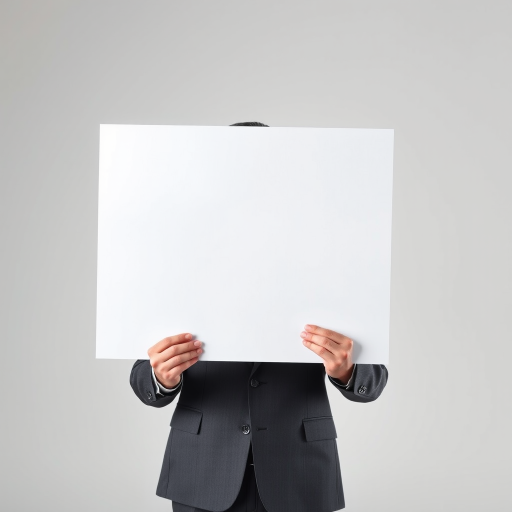 create an image of a person in a business suit holding a large blank sign in front of their face, with only their hands visible, in a studio environment