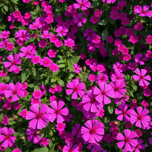 lush garden filled with vibrant pink and purple flowers, taken with a Canon EOS R5, 50mm lens, f/1.8 aperture, 1/200s shutter speed, ISO 100, top-down view, natural lighting for enhanced color quality