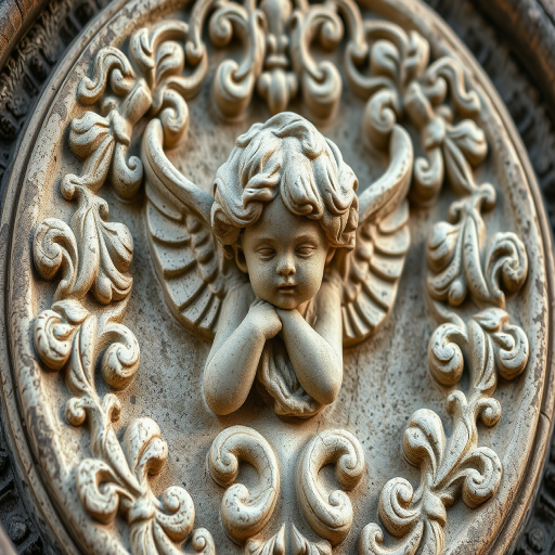 Capture a close-up of a weathered stone relief of a cherub surrounded by ornate floral patterns, with soft natural lighting, using a DSLR camera with a 50mm lens, f/2.8 aperture, ISO 200, and a shallow depth of field to enhance texture and detail.