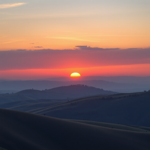 Create a high-resolution image of a serene landscape featuring rolling hills and a sunset, captured with a Canon EOS R5 using a 24-70mm lens at f/8, ISO 100, 1/125s, shot from a wide-angle view in landscape orientation.