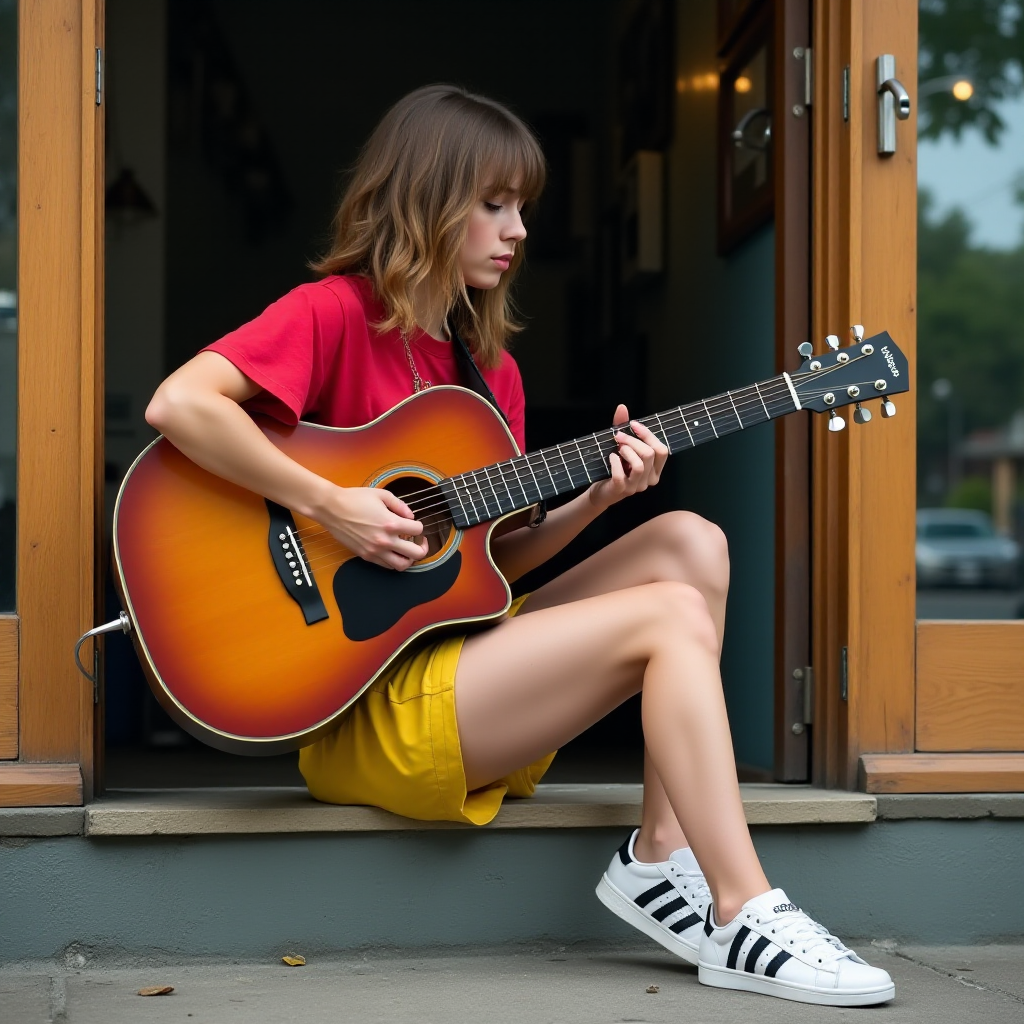 Ultra-realistic and very detailed image, high resolution and definition of a young woman, a rocker. She's sitting on the step of a doorway, with one leg stretched out, playing an acoustic guitar. The young woman is wearing a red T-shirt and yellow shorts. Adidas trainers. The door is glazed and mirrors the street.