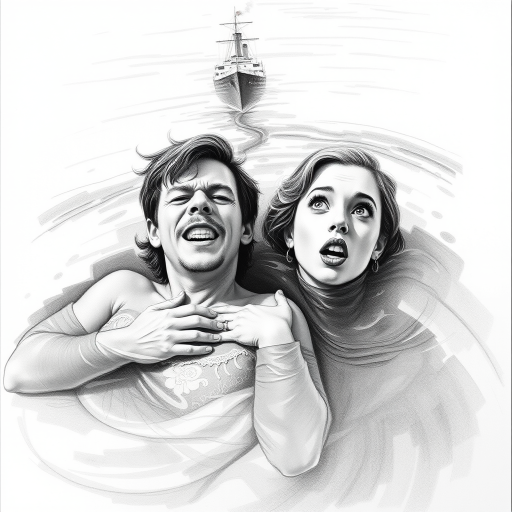 A hyperdetailed photorealistic black and white pencil sketch recreating the iconic scene at the end of Titanic with Jack and Rose floating in the water, only show them making exaggerated funny faces at the camera. Show Rose spitting water at the camera.