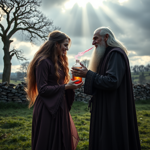 Create a super realistic photo portrait of the sorceress Nimue enthralling the old long haired and bearded magician Merlin with the scent of a magic perfume-potion. Merlin's senses are blurred and he has a happy smile on his face like that of a slightly drunken man. Nimue is standing opposite of Merlin facing him. She is holding out the potion with both hands towards Merlin's nose. A visual depiction of the pink scent soflty creeps into Merlin's nostrils. The picture is set in front of a typical British landscape with grass, a dry stone wall and old and big trees. Cloudy skies with sun-rays braking through giving the picture a soft and romantic tone. HDRI, 8k,V-Ray render