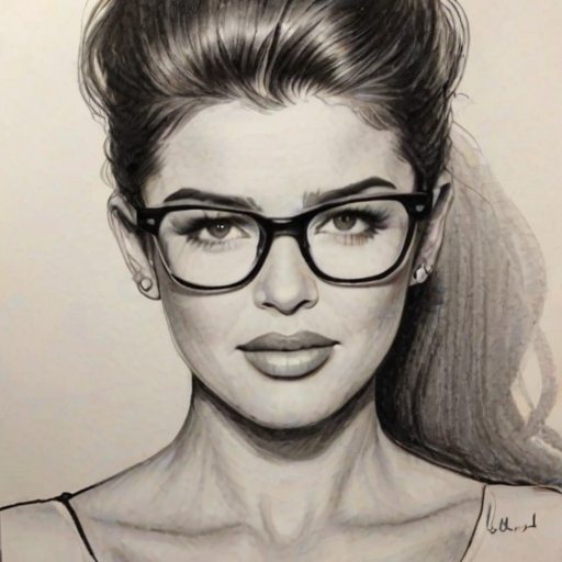 Pleasing Robin Thicke, pencil sketch, portrait of Ravishing woman 1958s in glasses, hair style beatnik, outline, clear lines, fine lines, 8k