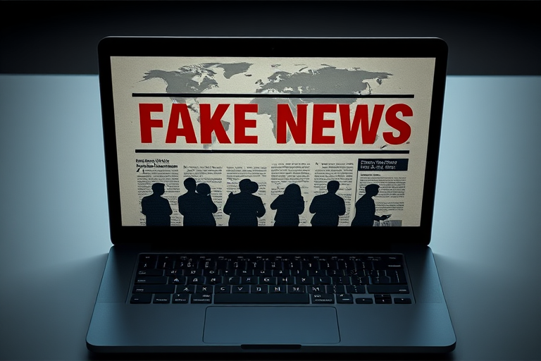 Create an image of an open laptop displaying a newspaper with the headline "FAKE News" in bold red letters, with a silhouette of people in front of a world globe in a modern digital style, using a Canon EOS 5D Mark IV camera, aperture f/8, ISO 100, 50mm lens, soft lighting and a top-down view for clarity and detail.