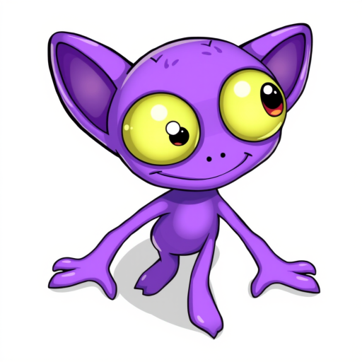Create an illustration of a purple alien character with large eyes, a quirky smile, and cartoonish limbs, in a bright and colorful style with a white background, using a digital drawing tablet with a resolution of 300 DPI, focused on vibrant colors and clean outlines, captured at a high-angle view with soft lighting.