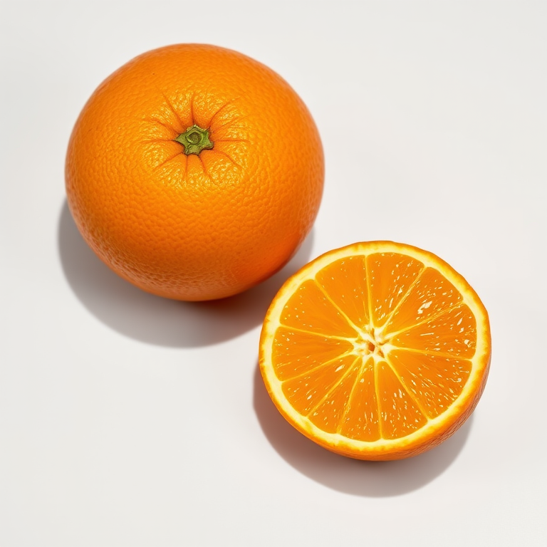Create a hyper-realistic image of an orange and a sliced orange, using a Canon EOS 5D Mark IV, 50mm lens, with an aperture of f/2.8, ISO 100, in natural light, showcasing vibrant colors and fine details.