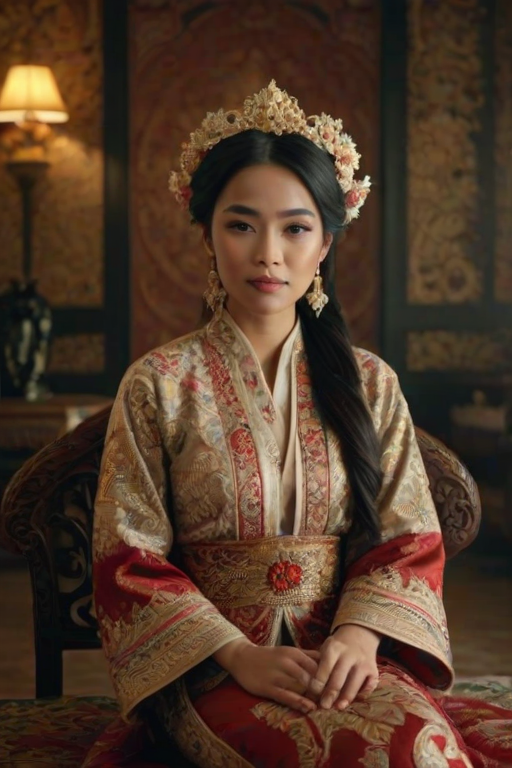 A beautiful Indonesian woman in traditional East Asian attire, intricately detailed with embroidered patterns, sitting gracefully in a richly decorated room, soft ambient lighting, serene and elegant, ultra-realistic, 8K resolution