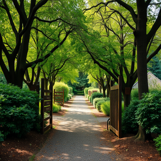 a peaceful garden pathway lined with trees and shrubs, entrance gate with wooden signs, soft natural lighting, taken with a DSLR camera at f/4.0, ISO 100, focal length 35mm, shot in landscape orientation for a wider view