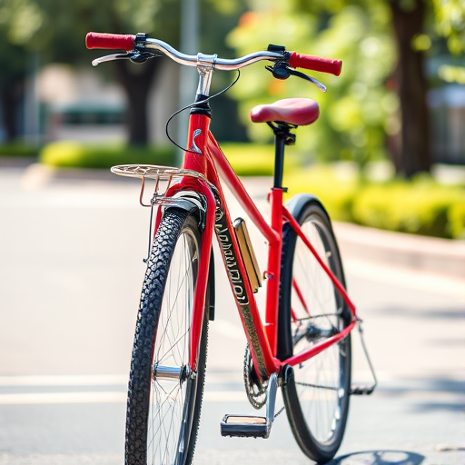 regenerate the image of a red bicycle with a view from the side, using a high-resolution setting of 300 DPI, in bright daylight with soft shadows, captured with a DSLR camera, using a 50mm lens at f/2.8 for a smooth background blur.