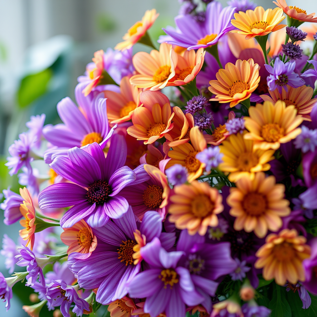 Regenerate a vibrant floral wreath with purple and yellow flowers using a DSLR camera, 50mm lens, f/2.8 aperture, 1/125 shutter speed, natural light, and a macro view for enhanced detail.