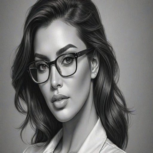 Graceful Kim Kardashian, pencil sketch, portrait of Exquisite woman 1953s in glasses, hair style beatnik, outline, clear lines, fine lines, 8k
