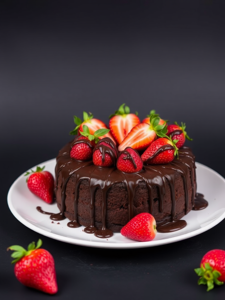 A chocolate cake topped with fresh strawberries and drizzled with chocolate ganache, placed on a white plate against a dark background with a few scattered strawberries around the plate, showcasing a rich and indulgent dessert.