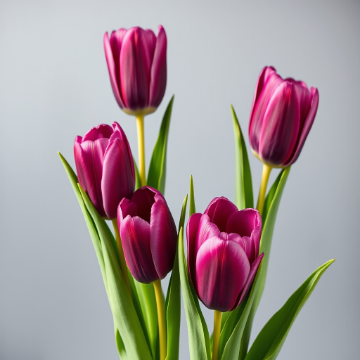 Generate a hyper-realistic image of four purple tulips with vibrant petals and lush green leaves against a soft gray background, shot with a Canon EOS R5 at f/2.8, ISO 100, 50mm lens, natural light.
