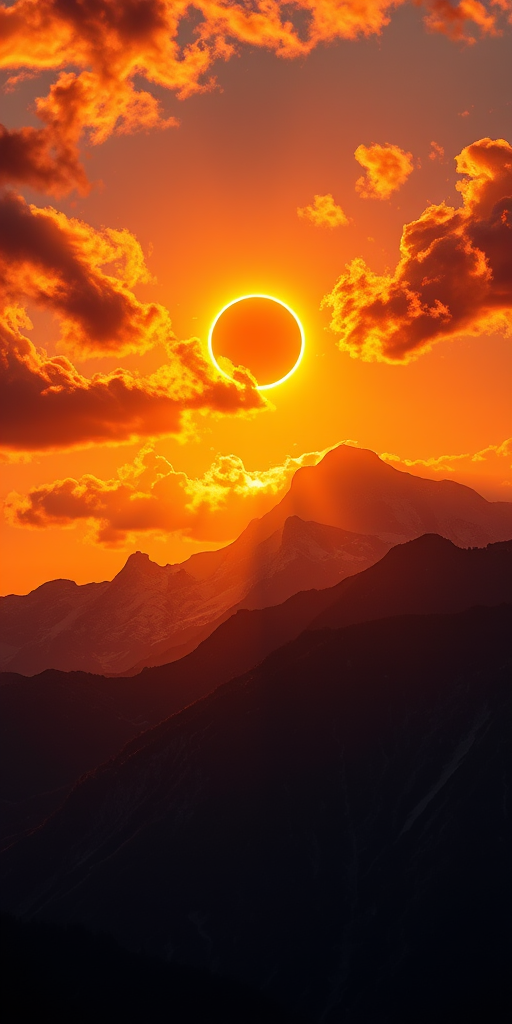 Create a highly detailed digital artwork of a dramatic sunset over a mountain range, featuring a solar eclipse in the sky surrounded by vibrant clouds, shot with a Canon EOS 5D Mark IV at f/11, ISO 100, 24mm focal length, using a wide-angle lens and vibrant color grading.