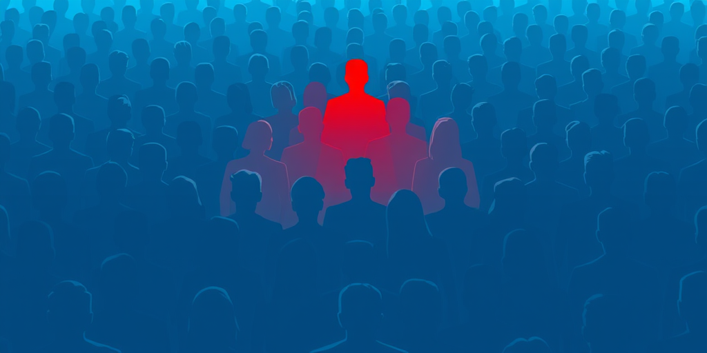 Create an image featuring a crowd of blue silhouettes in a grid pattern with one red silhouette in the center, using a Canon EOS R5, f/8 aperture, 50mm lens, shot from a high-angle view in a minimalist vector style.