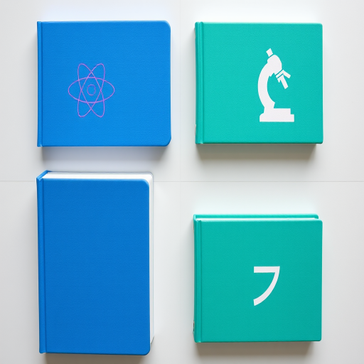 Create a high-resolution image of four colorful science textbooks arranged in a 2x2 grid, featuring a blue book with an atom graphic, a green book with a puzzle piece design, a white book with a microscope illustration, and a teal book with a square root symbol, shot with a Canon EOS R5 at f/8, ISO 100, 50mm lens, soft natural lighting, top-down view with a clean, minimalistic background.