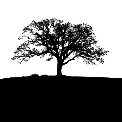 Generate a high-resolution minimalist black silhouette of a tree on a white background with a Canon EOS R5 camera, 85mm lens, f/1.8 aperture, 1/250 second shutter speed, and ISO 100 for enhanced image clarity and depth.