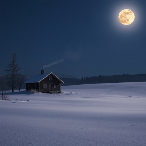 Peaceful winter scene, with a snow-covered landscape, a lone cabin emitting smoke from the chimney, and a bright full moon illuminating the tranquil night.