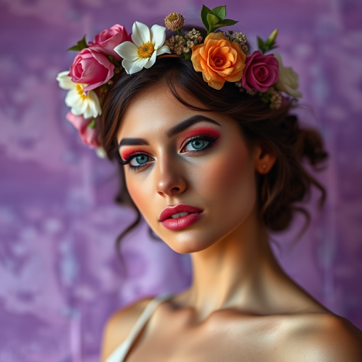 portrait of a woman with a floral crown and vivid makeup against a textured purple background, shot with a Canon EOS 5D Mark IV, 85mm lens, f/1.8, ISO 100, natural light, shallow depth of field, soft focus on background