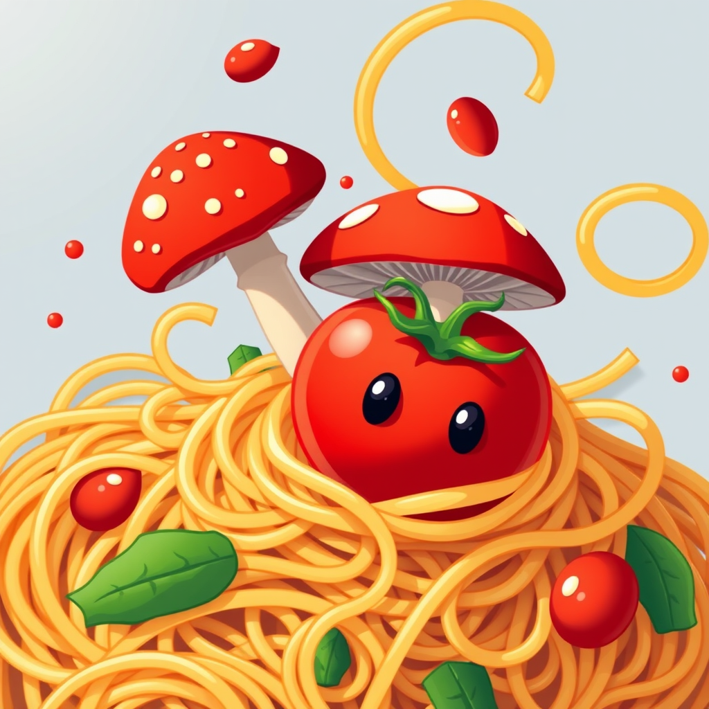 Create a vibrant illustration of a tomato and a mushroom with whimsical spaghetti noodles swirling around, captured with a DSLR camera at f/2.8 aperture, ISO 200, 50mm lens, top-down view, in a bright and colorful cartoon style.