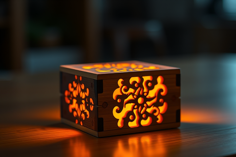 Generate an image of a wooden puzzle box with intricate designs, illuminated from within by soft orange light, captured using a DSLR camera at f/2.8, 50mm lens, ISO 100, with a shallow depth of field in a dimly lit setting.