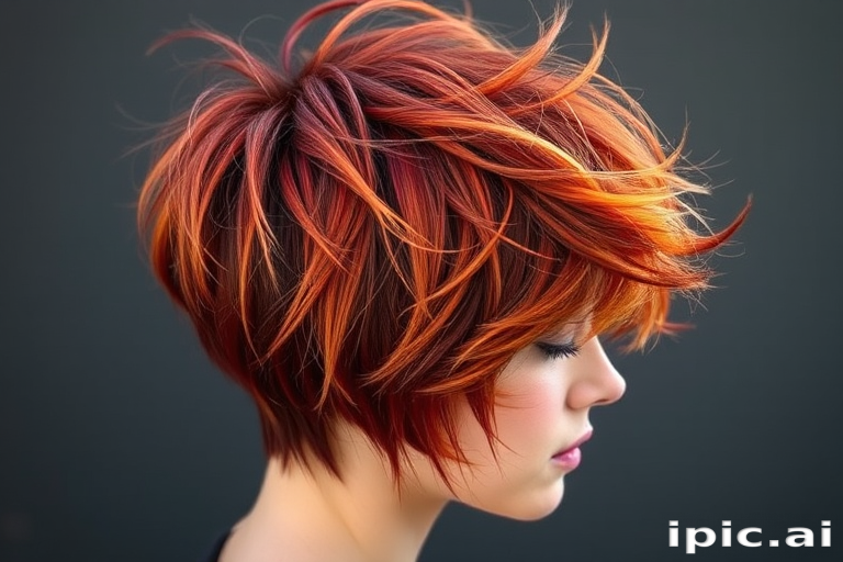 Vibrant Sunset Pixie Cut featuring fiery copper hues blending into deep burgundy tips, textured layers creating a wispy and ethereal appearance, perfect for adventurous spirits seeking a bold transformation