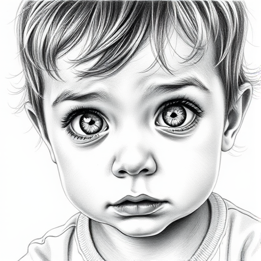 A hyperdetailed photorealistic black and white sketch of a beautiful toddler with deep white eyes, with a macro focus