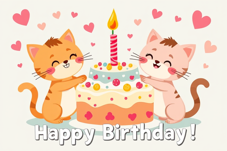 Cute cartoon cats celebrating a birthday with a colorful cake that has a candle on top surrounded by hearts and the text Happy Birthday in a playful font.