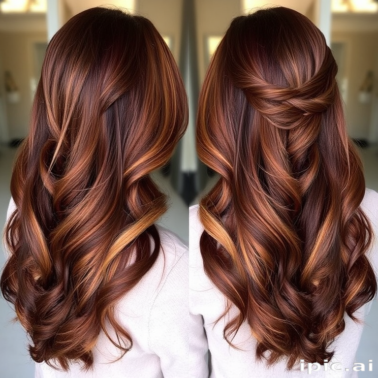 Rich chocolate brown hair with caramel and honey highlights forms the base of the "Mocha Swirl" look. Long, cascading layers are styled in loose, romantic curls that fall gracefully down the back. A few face-framing pieces are gently twisted and pinned back, creating an elegant, effortless appearance perfect for any occasion.