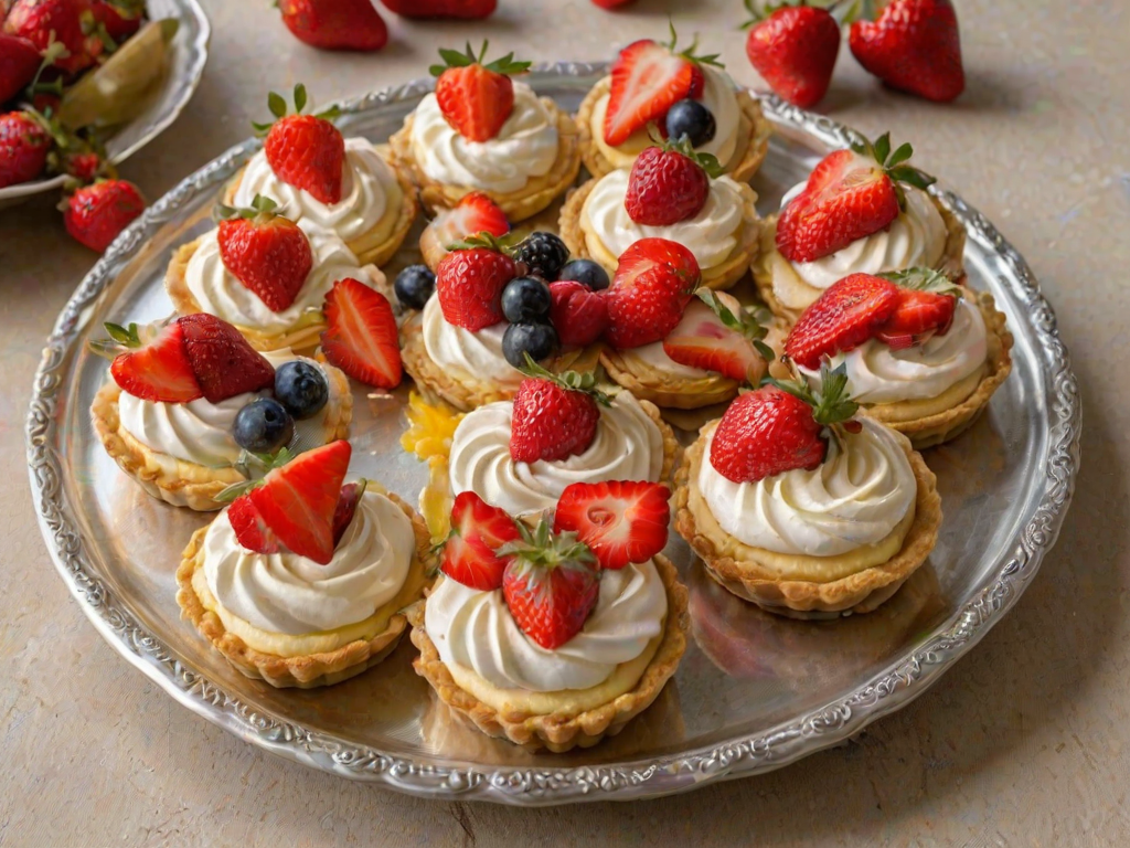 Create an image of delicious fruit tarts featuring a golden meringue topping, fresh strawberries, and a creamy custard filling, arranged beautifully on a silver platter.