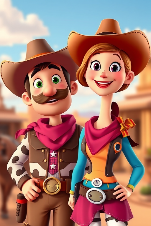 Create a vibrant cartoon image of a cowboy and cowgirl in a western setting, ensuring bright colors and playful expressions, captured with a DSLR camera at f/2.8 aperture, ISO 100, 24mm focal length, in portrait orientation with soft lighting for enhanced image quality.