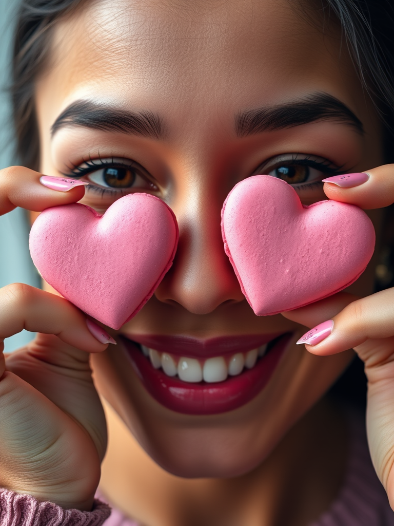 Close-up portrait of a smiling woman holding pink heart-shaped macarons in front of her eyes, soft natural lighting, shallow depth of field, shot with a Canon EOS R5, 50mm lens, at f/1.8, ISO 100, 1/200s.