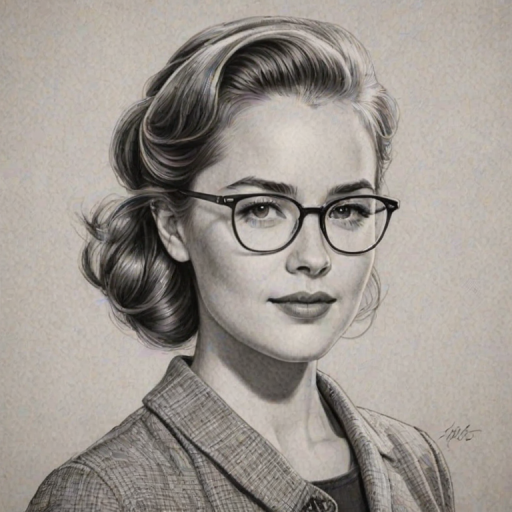 Gorgeous Willa Fitzgerald, pencil sketch, portrait of Splendid woman 1959s in glasses, hair style beatnik, outline, clear lines, fine lines, 8k
