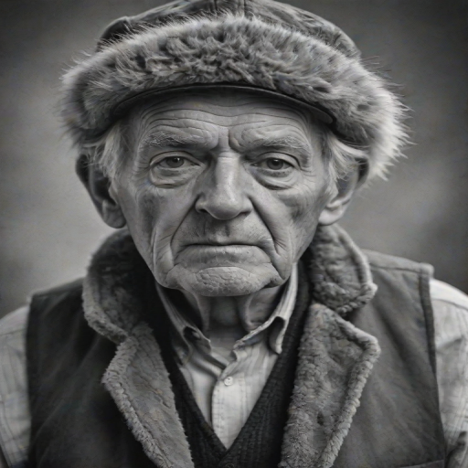create a black and white portrait of an elderly man wearing a fur hat and a vest, with a serious expression, capturing the details of his wrinkled face and the texture of the fabric in a soft-focused background