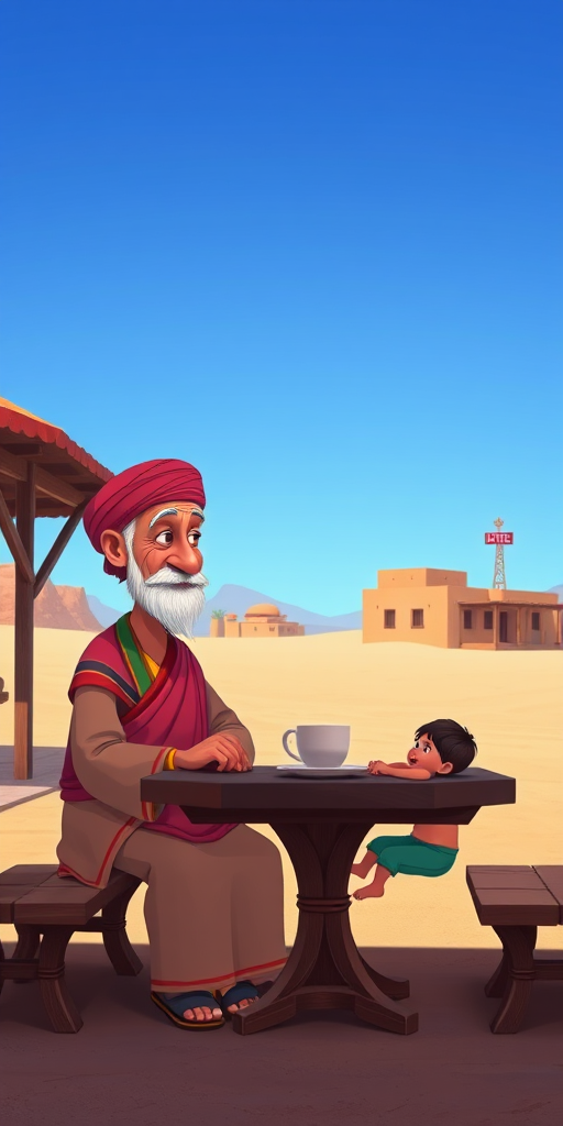 A cartoon scene depicting an elderly person in traditional attire and a young child sitting at a wooden table in a desert-like landscape, with a blue sky and a distant hotel sign; shot with a Canon EOS R, 24mm lens, f/4 aperture, 1/125s shutter speed, natural lighting for vibrant colors.