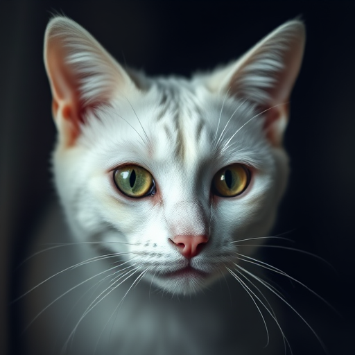 capture a close-up portrait of a white cat with striking green eyes, soft natural lighting, shallow depth of field, 85mm lens, f/1.8 aperture, ISO 200, DSLR camera, focus on the cat's facial features and fur texture against a dark, moody background