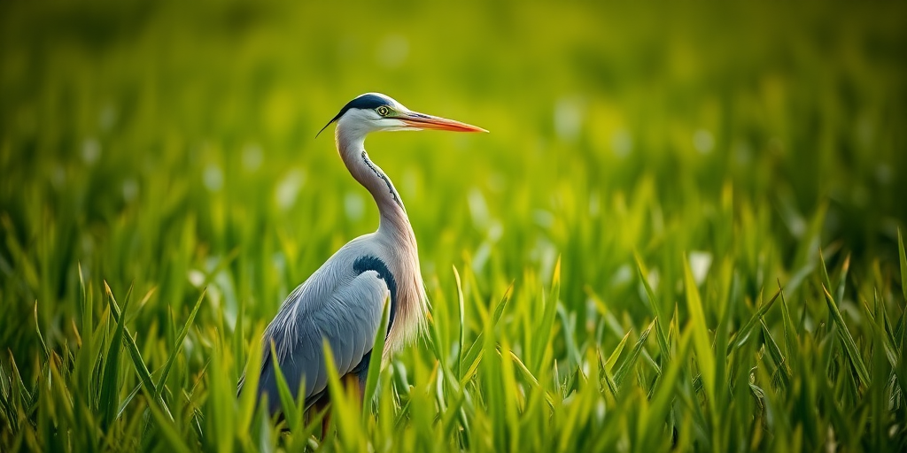 Capture a close-up of a heron standing in lush green rice paddies with a shallow depth of field, using a Canon EOS 5D Mark IV with an 85mm f/1.8 lens, aperture set to f/4, ISO 200, and natural lighting to enhance details in the feathers and surrounding foliage.