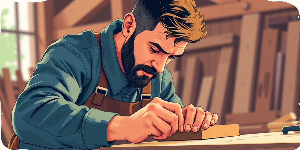 Create an illustration of a carpenter shaping wood, focus on their concentrated expression, use a vibrant color palette, shot with a DSLR camera at f/2.8 aperture, ISO 100, 24mm lens, in a natural light setting for enhanced detail and clarity.