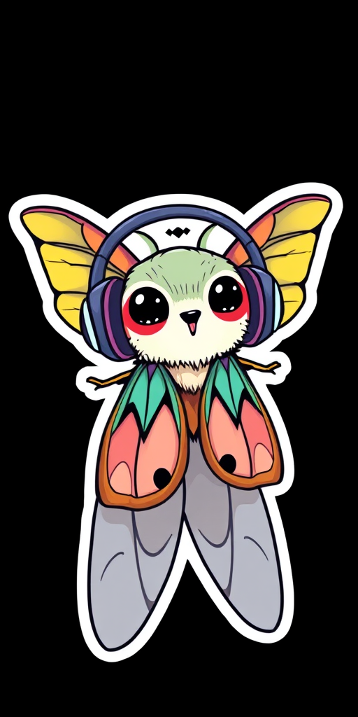 this image is sticker, Happy Colorful Moth wearing Headphones, kawaii, contour, vector, black background