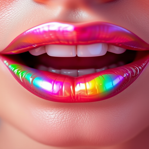 Holographic lip topper transforms a neutral lip base into a captivating display of rainbow hues, shifting colors as light reflects off the lips' surface