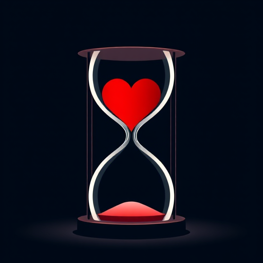 Create a minimalist illustration of an hourglass with a red heart shape in the center, using soft, diffused lighting to highlight the curves of the design, shot with a DSLR camera at aperture f/5.6, ISO 100, and a focal length of 50mm, in a low-angle view to emphasize the hourglass against a dark background.