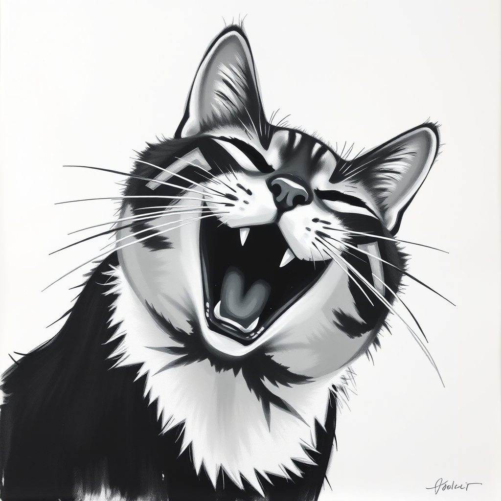 Abstract black and white acrylic portrait of an over exaggerated laughing (cat). Minimalism style. White background.