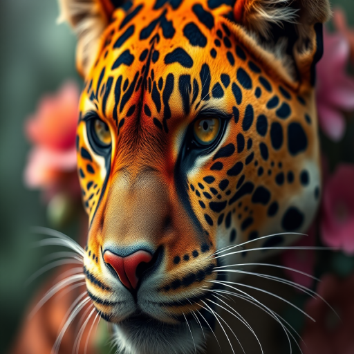Create a highly detailed close-up portrait of a fantastical panther with vibrant colors and intricate floral patterns, using a Canon EOS R5, 85mm f/1.4 lens, aperture set to f/1.8, ISO 100, with soft lighting and a bokeh background for depth.