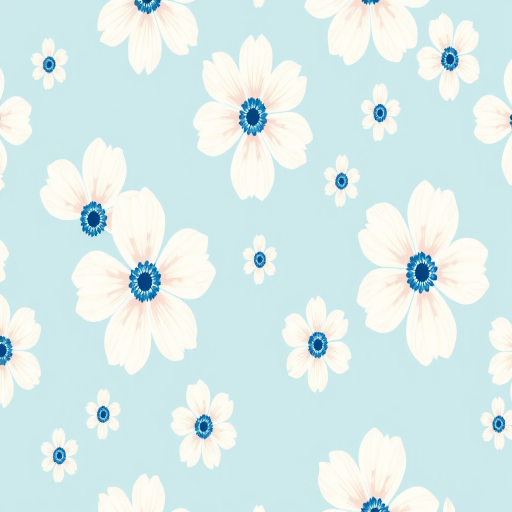 create a repeating floral pattern with white flowers and blue centers on a light blue background